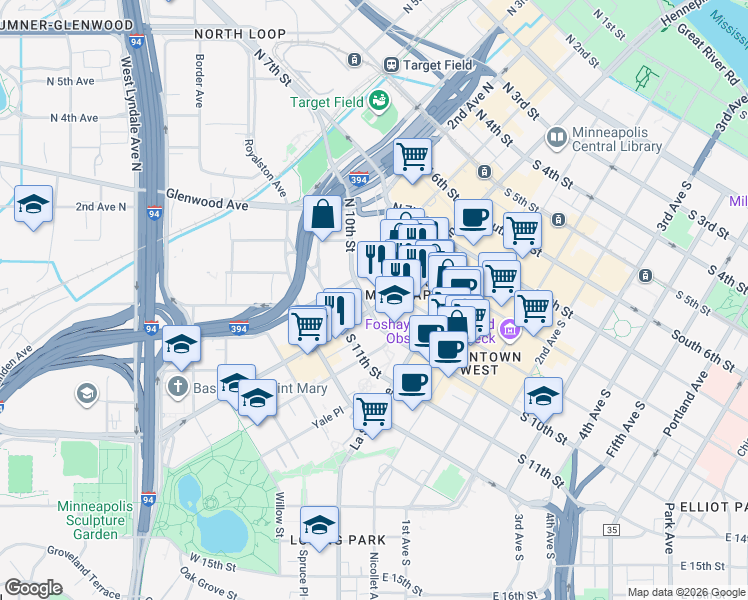 map of restaurants, bars, coffee shops, grocery stores, and more near 4 South 10th Street in Minneapolis