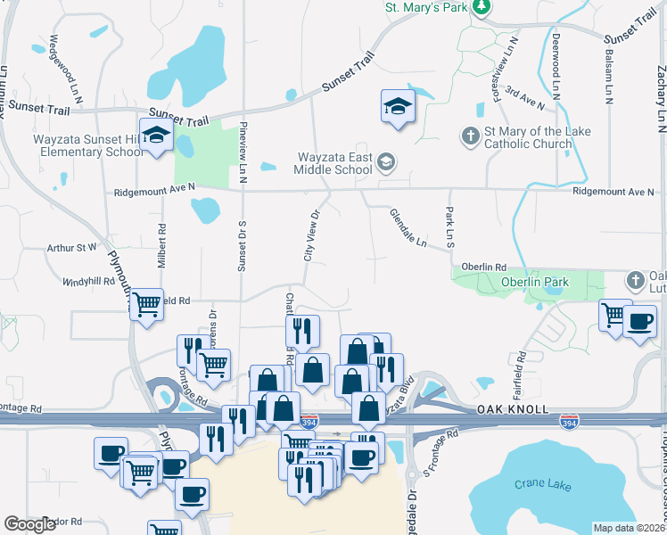 map of restaurants, bars, coffee shops, grocery stores, and more near 407 City View Drive in Hopkins