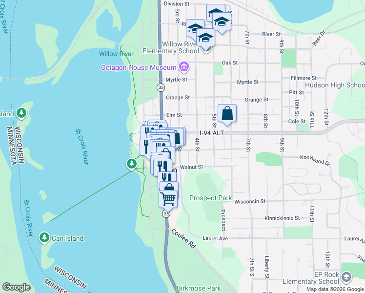 map of restaurants, bars, coffee shops, grocery stores, and more near 602 3rd Street in Hudson