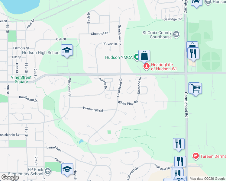 map of restaurants, bars, coffee shops, grocery stores, and more near Grandview Way in Hudson