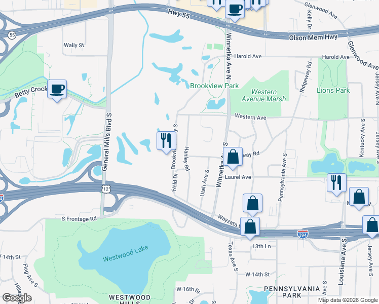 map of restaurants, bars, coffee shops, grocery stores, and more near 300 Hanley Road in Minneapolis