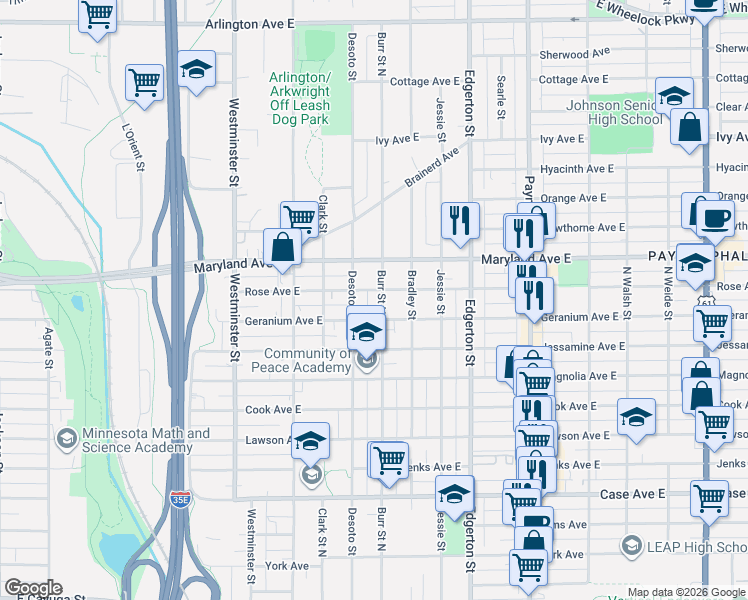 map of restaurants, bars, coffee shops, grocery stores, and more near 1150 Burr Street North in Saint Paul
