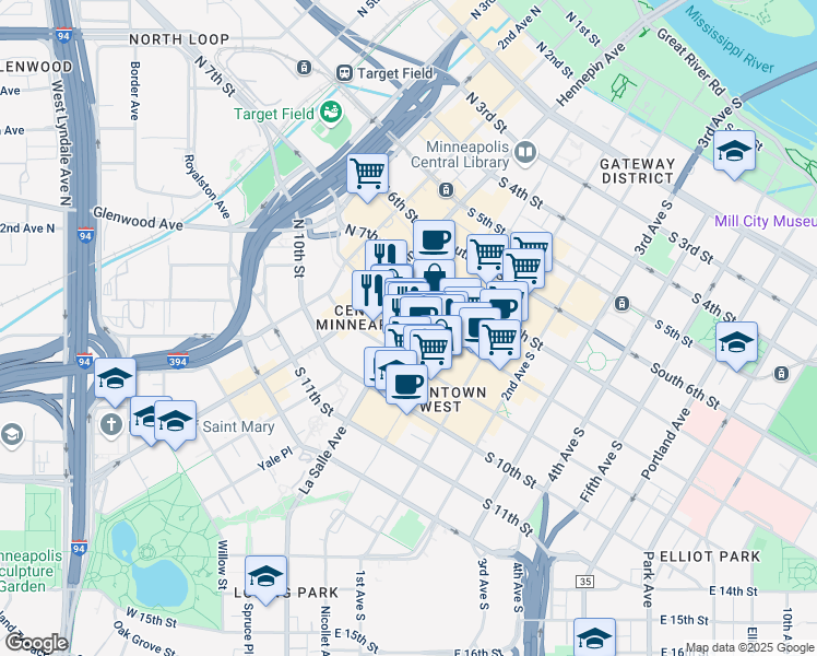 map of restaurants, bars, coffee shops, grocery stores, and more near 801 Lasalle Avenue in Minneapolis