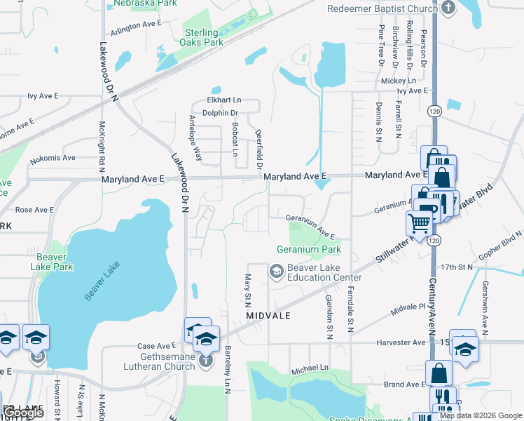map of restaurants, bars, coffee shops, grocery stores, and more near 1192 Sterling Circle North in Maplewood