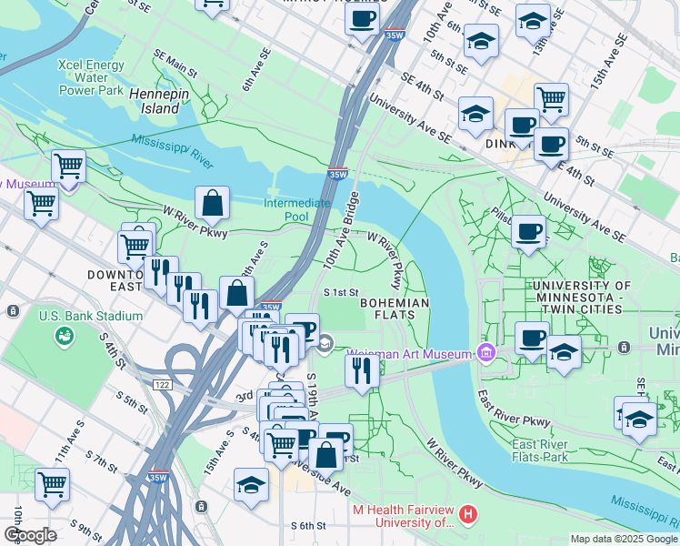 map of restaurants, bars, coffee shops, grocery stores, and more near 22 20th Avenue South in Minneapolis