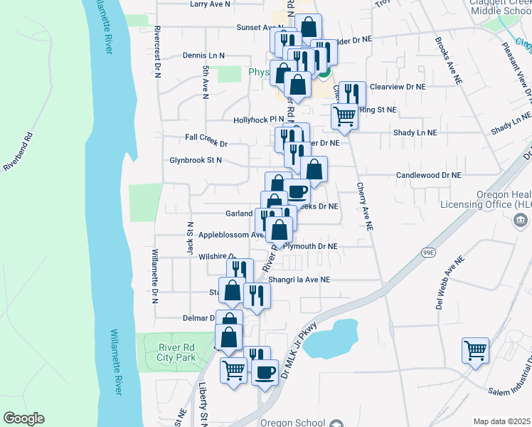 map of restaurants, bars, coffee shops, grocery stores, and more near 160-198 Garland Court North in Keizer