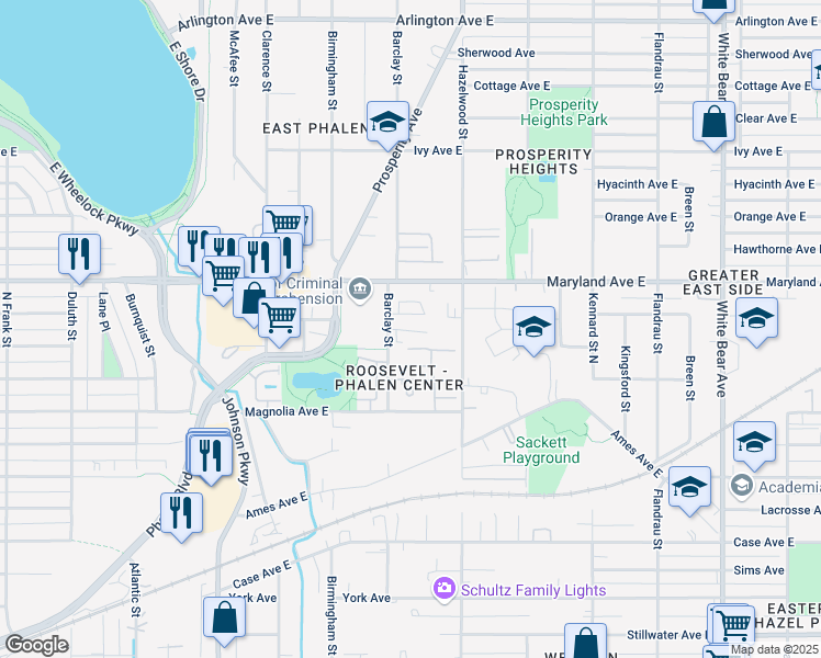 map of restaurants, bars, coffee shops, grocery stores, and more near 1154 Barclay Street in Saint Paul