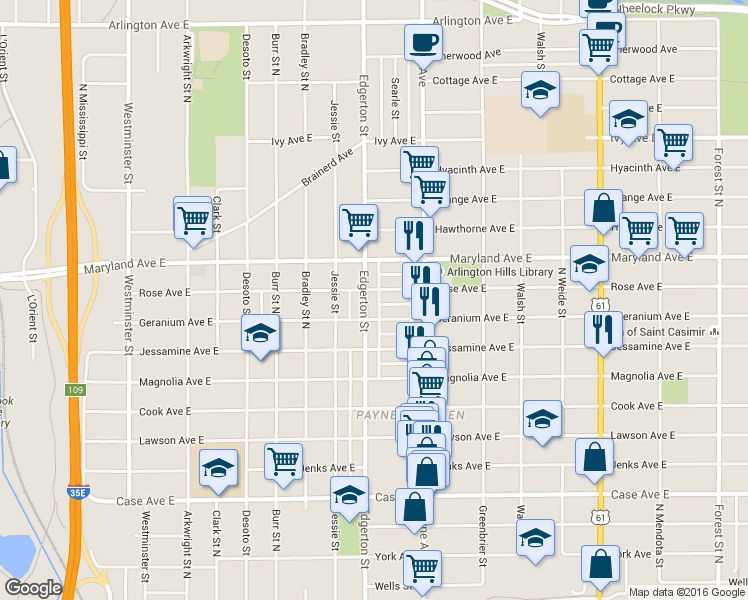 map of restaurants, bars, coffee shops, grocery stores, and more near 603 Geranium Avenue East in Saint Paul