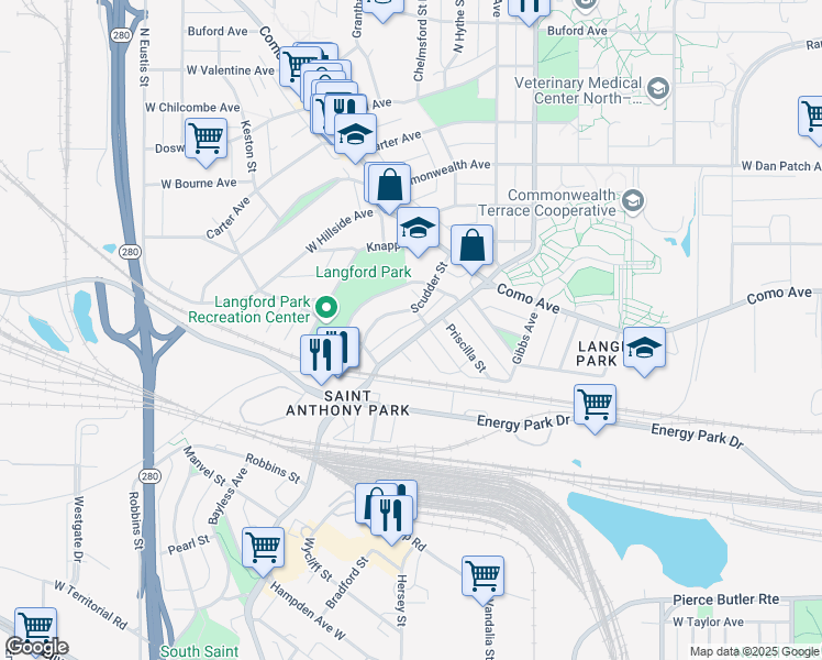 map of restaurants, bars, coffee shops, grocery stores, and more near in Saint Paul