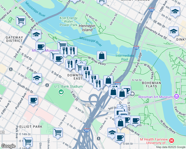 map of restaurants, bars, coffee shops, grocery stores, and more near 1111 South 2nd Street in Minneapolis