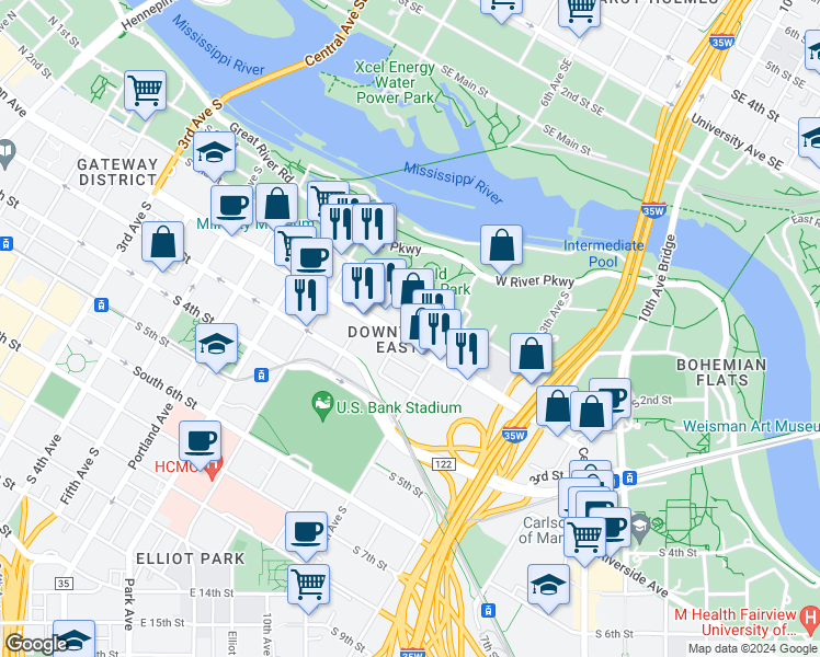 map of restaurants, bars, coffee shops, grocery stores, and more near 1023 South Washington Avenue in Minneapolis