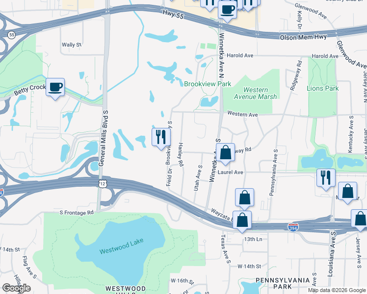 map of restaurants, bars, coffee shops, grocery stores, and more near 300 Hanley Road in Minneapolis