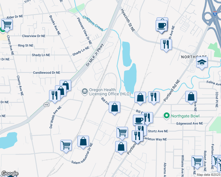 map of restaurants, bars, coffee shops, grocery stores, and more near 1865 Bill Frey Drive in Salem