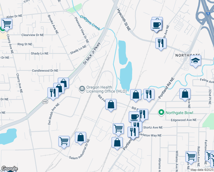 map of restaurants, bars, coffee shops, grocery stores, and more near 1865 Bill Frey Drive in Salem