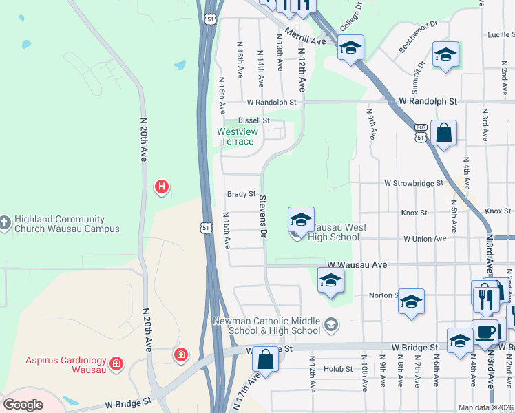 map of restaurants, bars, coffee shops, grocery stores, and more near 1401 Graham Street in Wausau