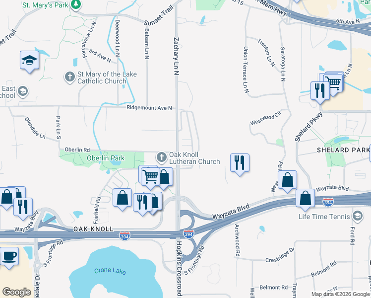 map of restaurants, bars, coffee shops, grocery stores, and more near 562 Willoughby Way West in Hopkins