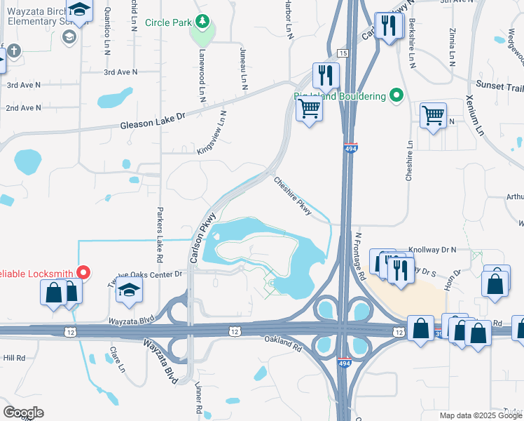 map of restaurants, bars, coffee shops, grocery stores, and more near 301 Carlson Parkway in Hopkins