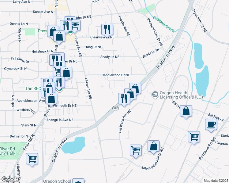 map of restaurants, bars, coffee shops, grocery stores, and more near 3440 Cherry Avenue Northeast in Keizer