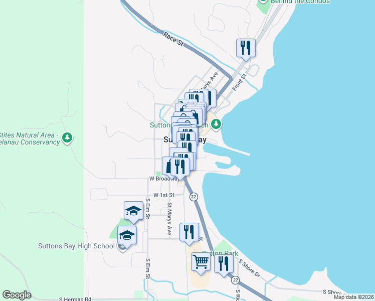 map of restaurants, bars, coffee shops, grocery stores, and more near 201 Michigan 22 in Suttons Bay