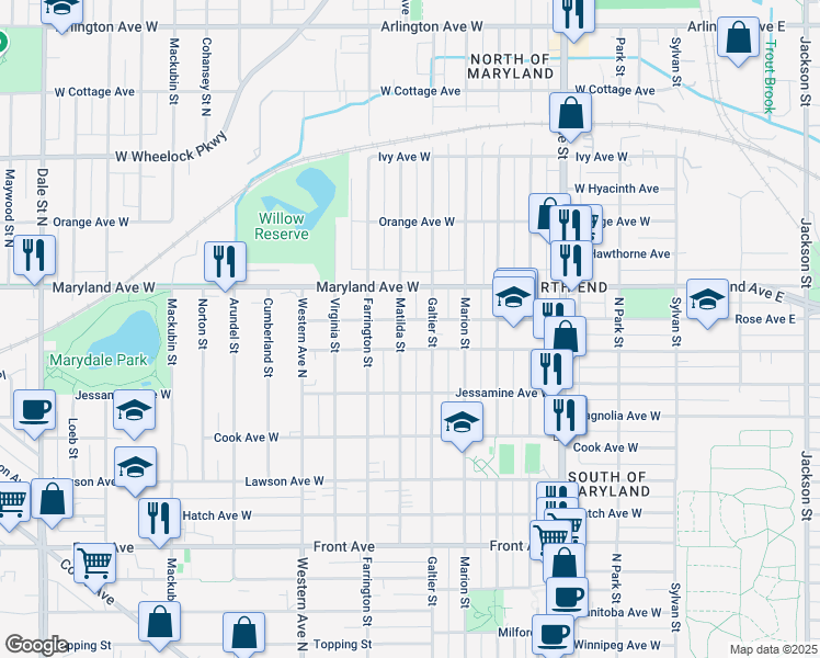 map of restaurants, bars, coffee shops, grocery stores, and more near 1155 Matilda Street in Saint Paul