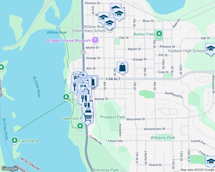 map of restaurants, bars, coffee shops, grocery stores, and more near 327 Locust Street in Hudson