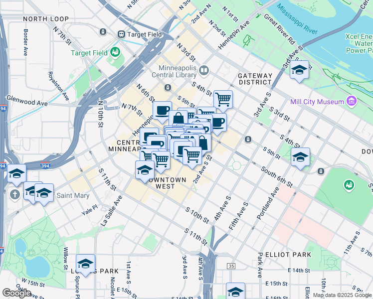 map of restaurants, bars, coffee shops, grocery stores, and more near 710 Marquette Avenue South in Minneapolis