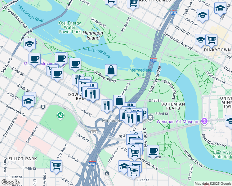 map of restaurants, bars, coffee shops, grocery stores, and more near 125 12th Avenue South in Minneapolis