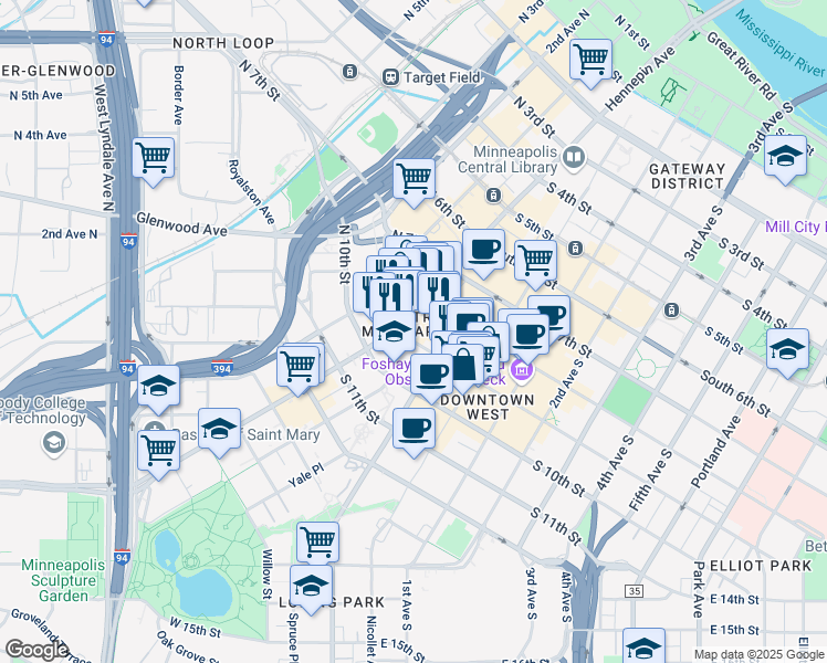 map of restaurants, bars, coffee shops, grocery stores, and more near in Minneapolis