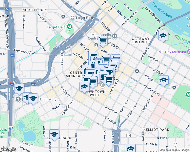 map of restaurants, bars, coffee shops, grocery stores, and more near 730 Nicollet Mall in Minneapolis