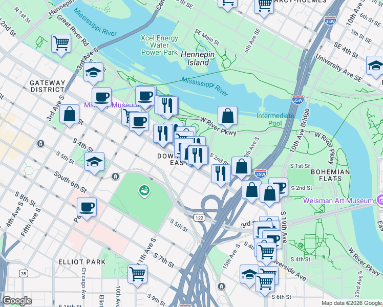 map of restaurants, bars, coffee shops, grocery stores, and more near 215 10th Avenue South in Minneapolis
