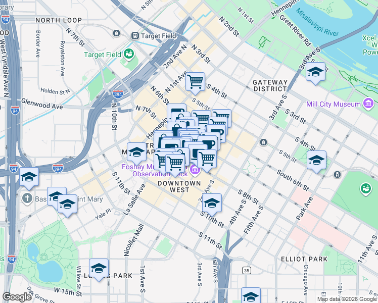 map of restaurants, bars, coffee shops, grocery stores, and more near 80 South 8th Street in Minneapolis