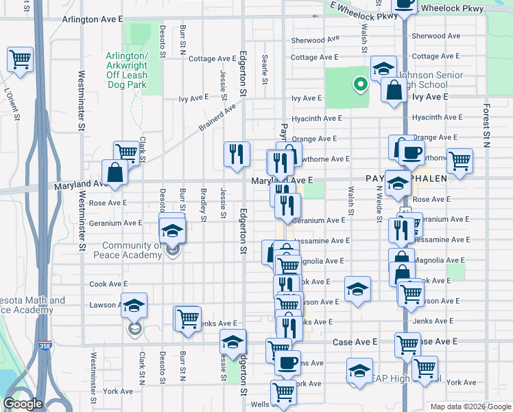 map of restaurants, bars, coffee shops, grocery stores, and more near 603 Geranium Avenue East in Saint Paul