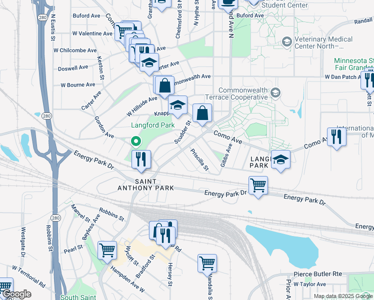 map of restaurants, bars, coffee shops, grocery stores, and more near 2316 Priscilla Street in Saint Paul