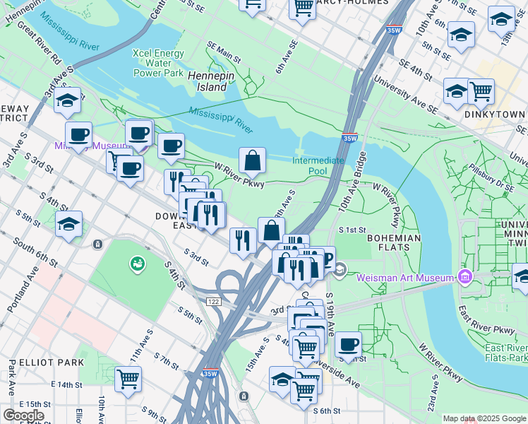 map of restaurants, bars, coffee shops, grocery stores, and more near 125 12th Avenue South in Minneapolis