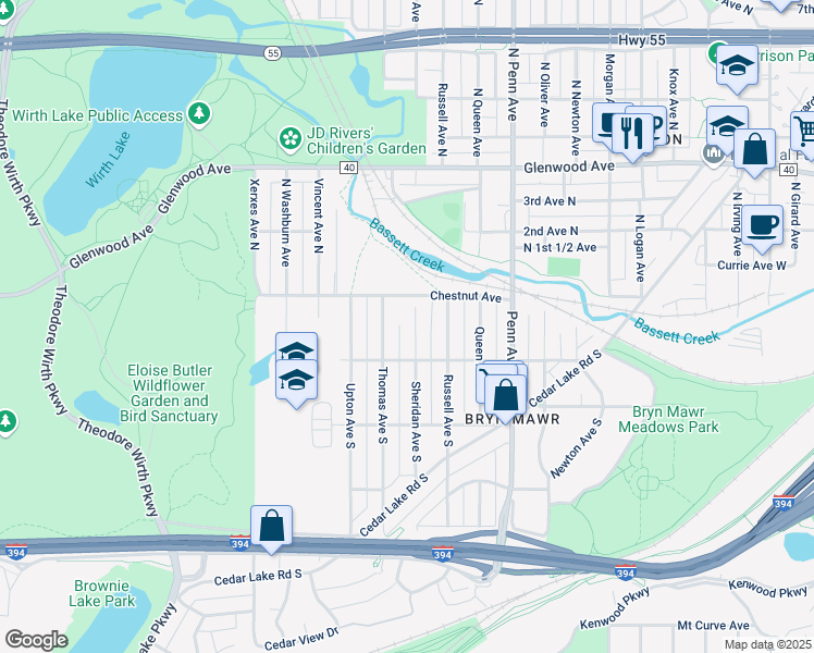 map of restaurants, bars, coffee shops, grocery stores, and more near 37 Sheridan Avenue South in Minneapolis