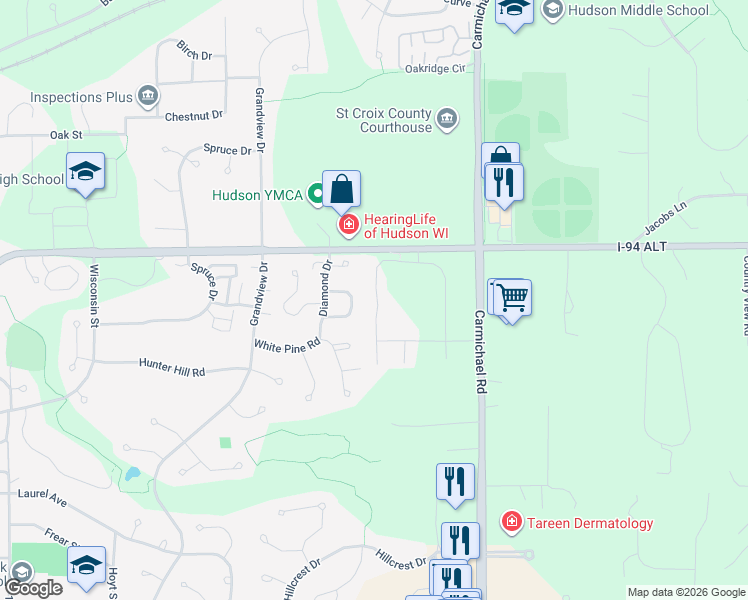 map of restaurants, bars, coffee shops, grocery stores, and more near 377 County Road UU in Hudson