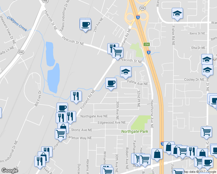 map of restaurants, bars, coffee shops, grocery stores, and more near 3980 Portland Road Northeast in Salem