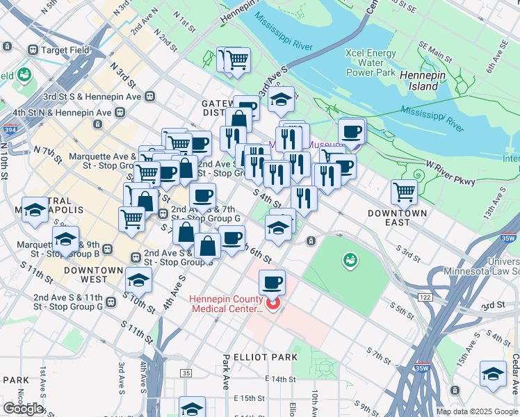map of restaurants, bars, coffee shops, grocery stores, and more near 511 South 4th Street in Minneapolis