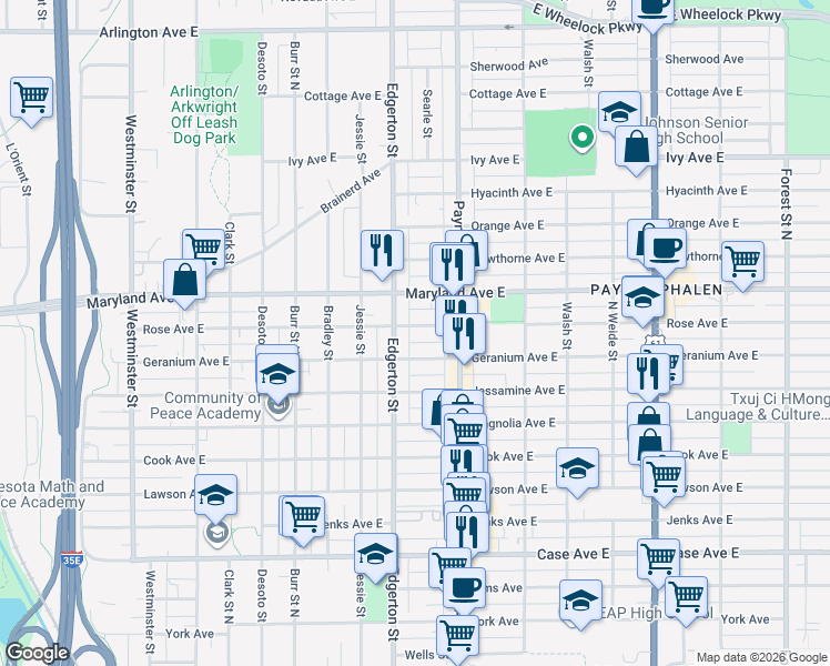 map of restaurants, bars, coffee shops, grocery stores, and more near 603 Geranium Avenue East in Saint Paul