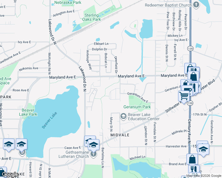 map of restaurants, bars, coffee shops, grocery stores, and more near 1192 Sterling Circle North in Maplewood
