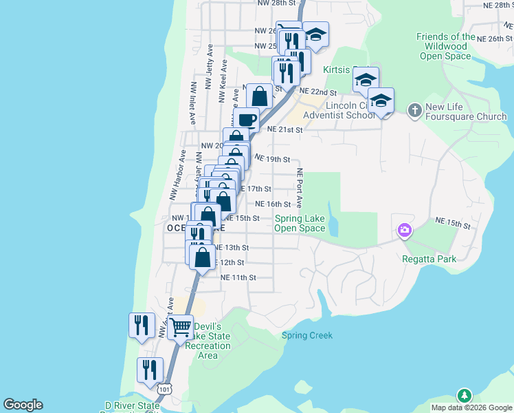 map of restaurants, bars, coffee shops, grocery stores, and more near 1740 Northeast 16th Street in Lincoln City