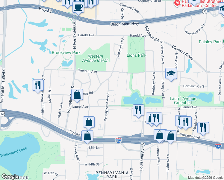 map of restaurants, bars, coffee shops, grocery stores, and more near 370 Laurel Curve in Golden Valley