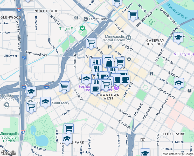 map of restaurants, bars, coffee shops, grocery stores, and more near 801 Lasalle Avenue in Minneapolis