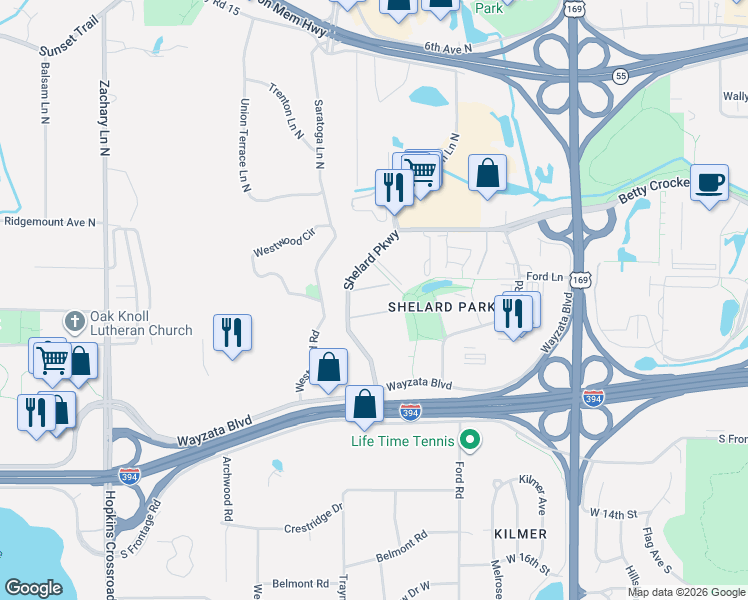 map of restaurants, bars, coffee shops, grocery stores, and more near 425 Shelard Parkway in Minneapolis