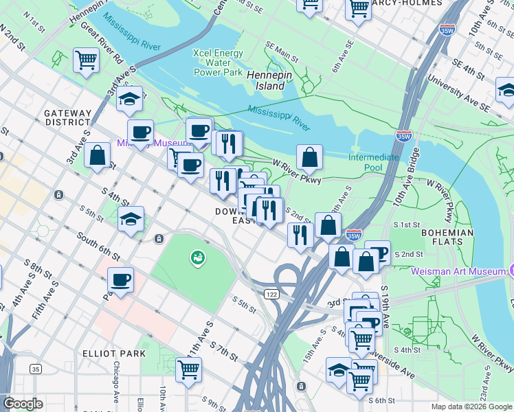 map of restaurants, bars, coffee shops, grocery stores, and more near 1023 South Washington Avenue in Minneapolis