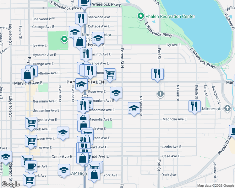 map of restaurants, bars, coffee shops, grocery stores, and more near 923 Geranium Avenue East in Saint Paul