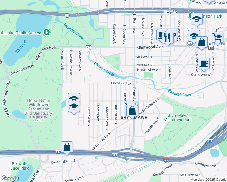 map of restaurants, bars, coffee shops, grocery stores, and more near 37 Sheridan Avenue South in Minneapolis
