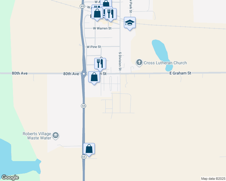 map of restaurants, bars, coffee shops, grocery stores, and more near Lulu Lane in Roberts