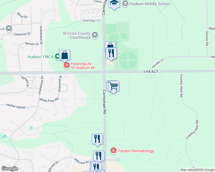 map of restaurants, bars, coffee shops, grocery stores, and more near 790 Carmichael Road in Hudson
