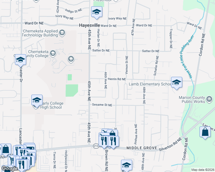 map of restaurants, bars, coffee shops, grocery stores, and more near 3941 Camishaun Court Northeast in Salem